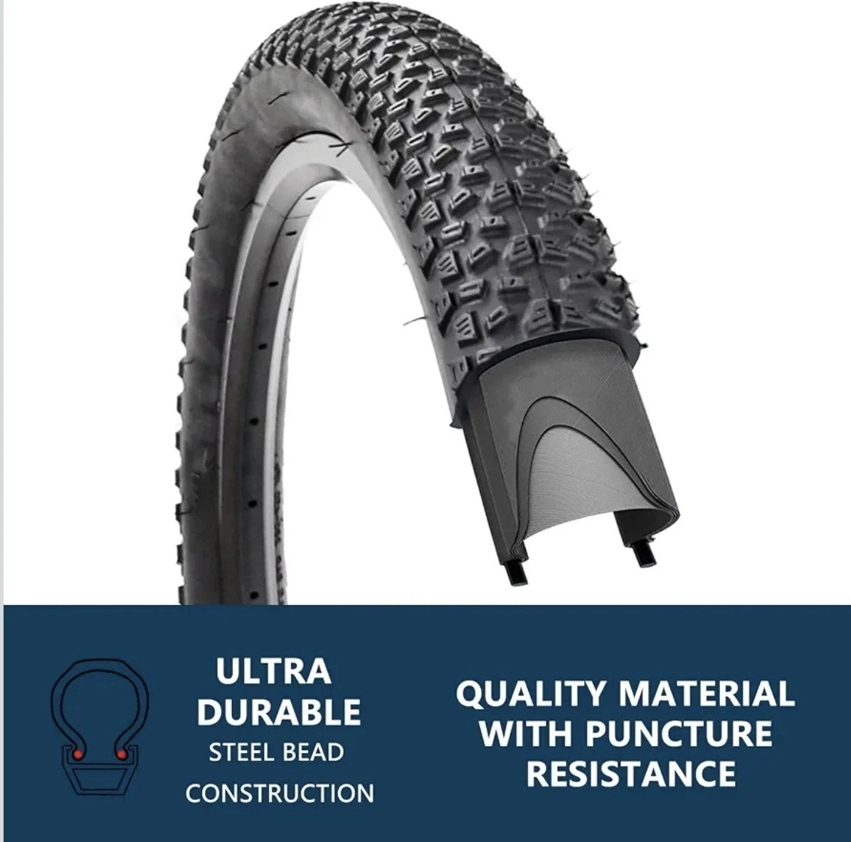MTB tyre steel bead and puncture resistance feature callout